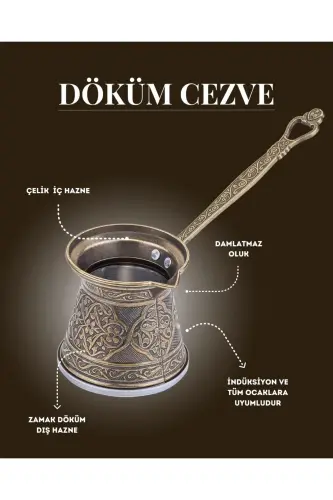 Desenli Döküm Cezve 4 Kişilik- İndüksiyonlu Ocaklara Uyumlu 170 Ml-Antik Sarı - AYVALI METAL (1)
