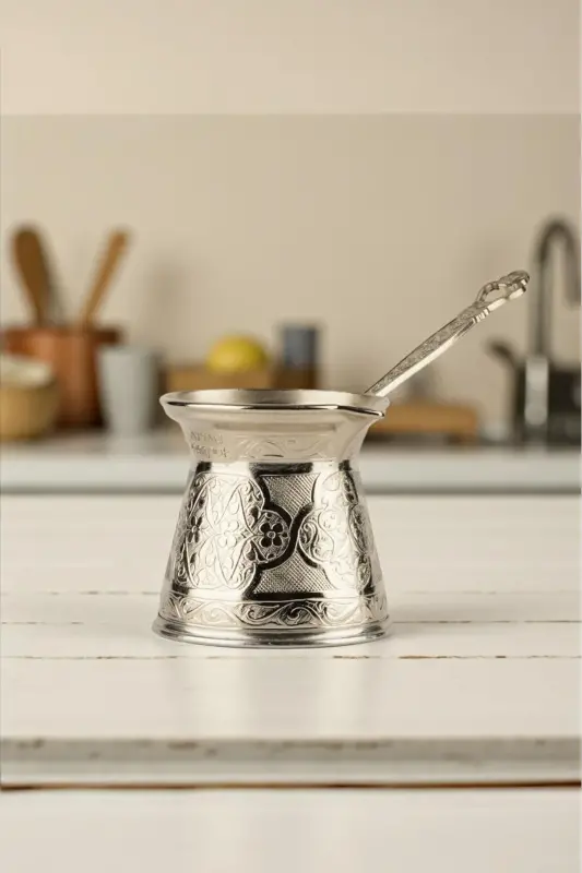 Desenli Döküm Cezve 4 Kişilik- İndüksiyonlu Ocaklara Uyumlu 170 Ml-Gümüş - AYVALI METAL