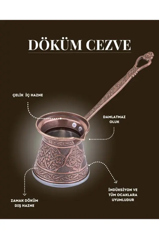 Desenli Döküm Cezve 4 Kişilik- İndüksiyonlu Ocaklara Uyumlu 170 Ml - bakır - 6