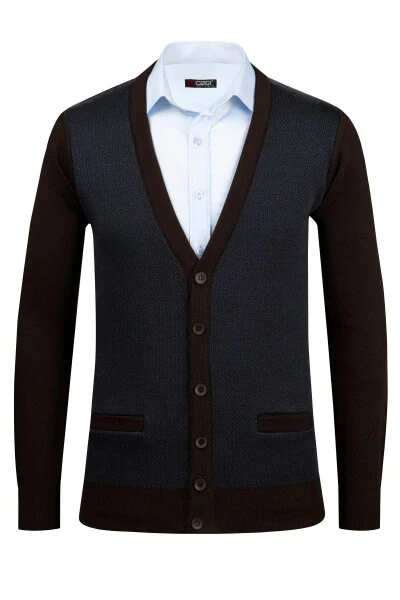 Çizgi Triko Erkek V Yaka Triko Hırka Düğmeli Cep Detaylı Desenli Çelik Örgü Klasik Kalıp - 5014M - ÇIZGI TRIKO