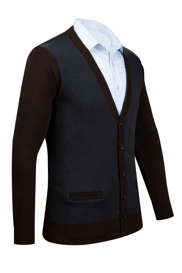 Erkek V Yaka Triko Kahverengi Hırka Düğmeli Cep Detaylı Desenli Çelik Örgü Klasik Kalıp - 5014M - 2