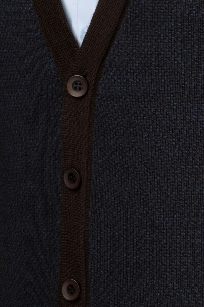 Erkek V Yaka Triko Kahverengi Hırka Düğmeli Cep Detaylı Desenli Çelik Örgü Klasik Kalıp - 5014M - 4