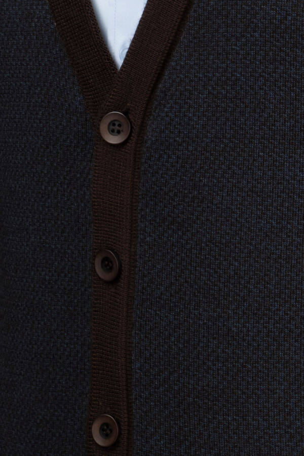 Erkek V Yaka Triko Kahverengi Hırka Düğmeli Cep Detaylı Desenli Çelik Örgü Klasik Kalıp - 5014M - 4