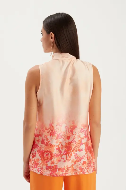 Desenli Fular Detaylı Bluz - Turuncu-TURUNCU - 5