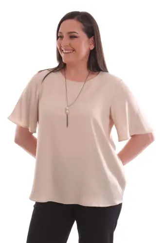 Desenli Kısa Kol Bej Bluz - 1