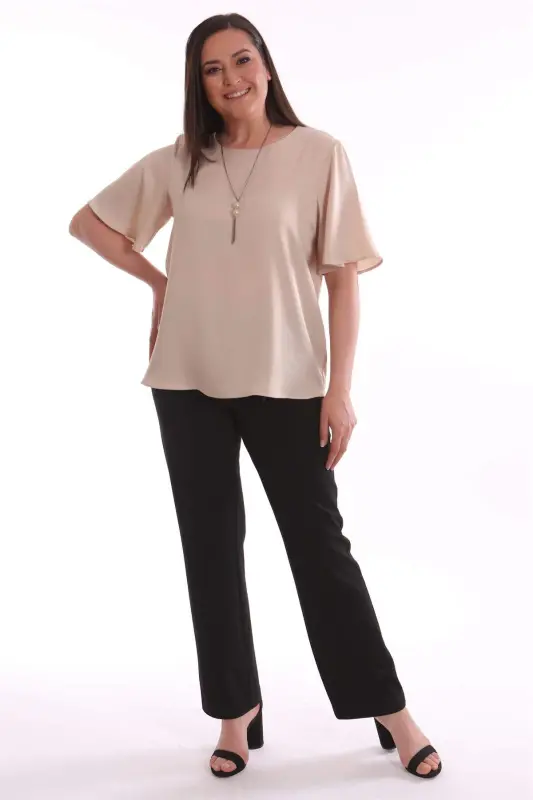 Desenli Kısa Kol Bej Bluz - 3