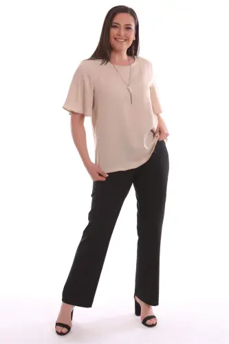 Desenli Kısa Kol Bej Bluz - BÜYÜKBEDENIZ (1)