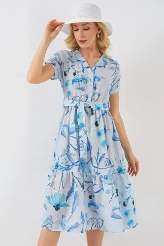 Desenli Kısa Kol Elbise 2558 - Mavi - 1