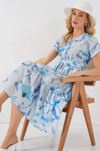 Desenli Kısa Kol Elbise 2558 - Mavi - 3