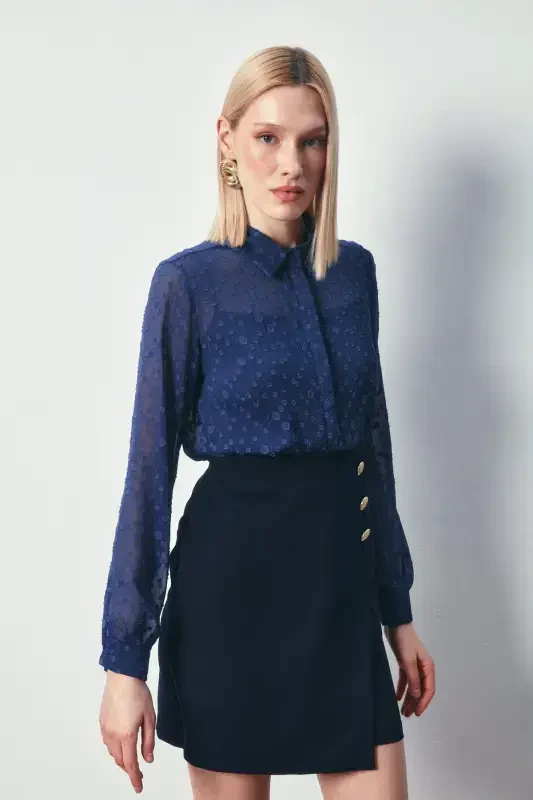 Desenli Klasik Gömlek - LACİVERT-LACİVERT - SATEEN