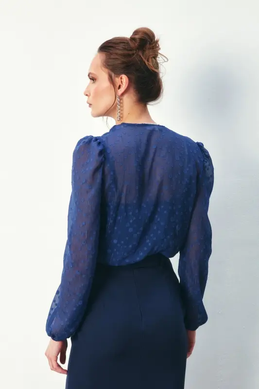 Desenli Kruvaze Bodysuit Bluz - Lacivert - LACİVERT - 6