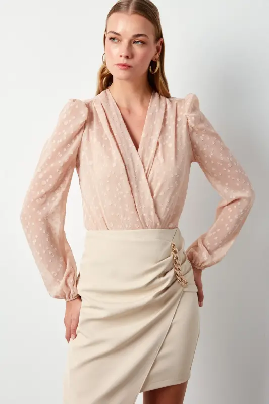Desenli Kruvaze Bodysuit Bluz - Pudra-Pudra - 1