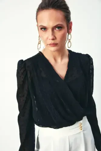 Desenli Kruvaze Bodysuit Bluz - SİYAH-SİYAH - Sateen (1)