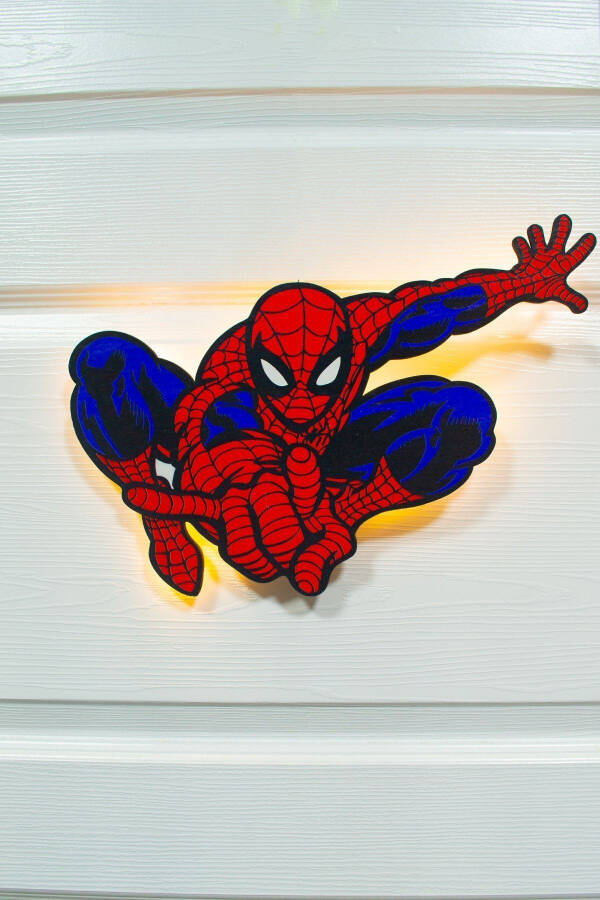 Desenli Led Aydınlatmalı Ahşap Gece Lambası, Çocuk Ve Bebek Odası Dekoru - Spiderman Deseni - 1