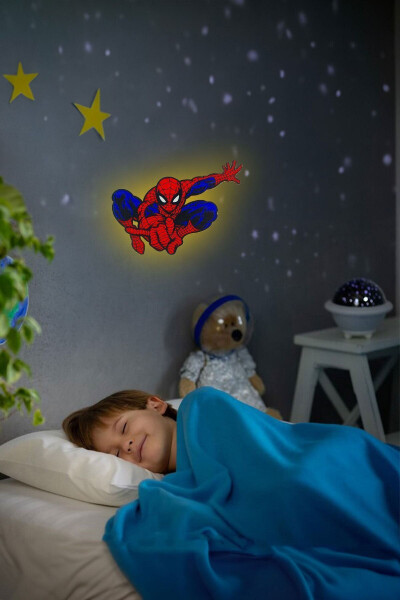 Desenli Led Aydınlatmalı Ahşap Gece Lambası, Çocuk Ve Bebek Odası Dekoru - Spiderman Deseni - 3