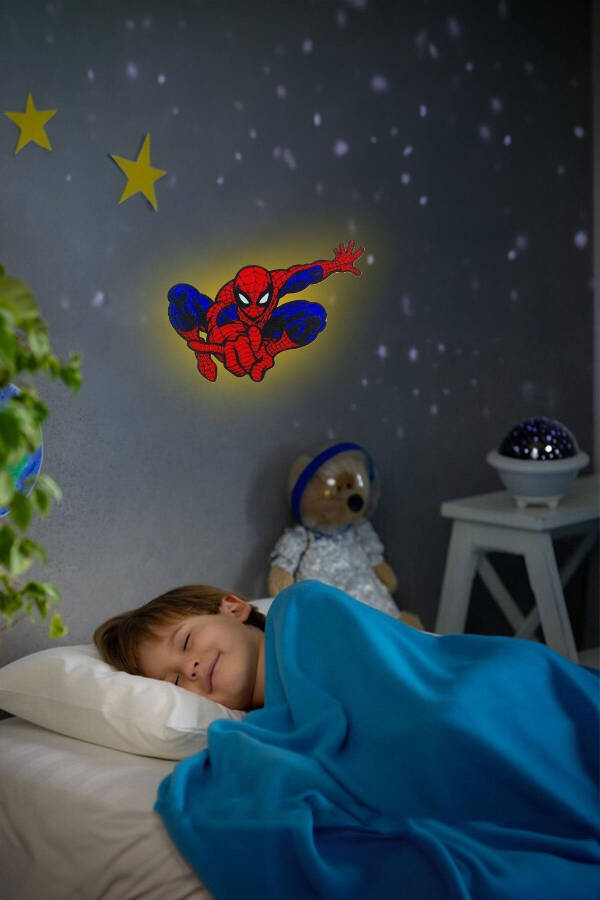 Desenli Led Aydınlatmalı Ahşap Gece Lambası, Çocuk Ve Bebek Odası Dekoru - Spiderman Deseni - 3