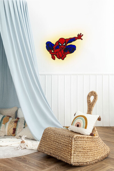 Desenli Led Aydınlatmalı Ahşap Gece Lambası, Çocuk Ve Bebek Odası Dekoru - Spiderman Deseni - 4
