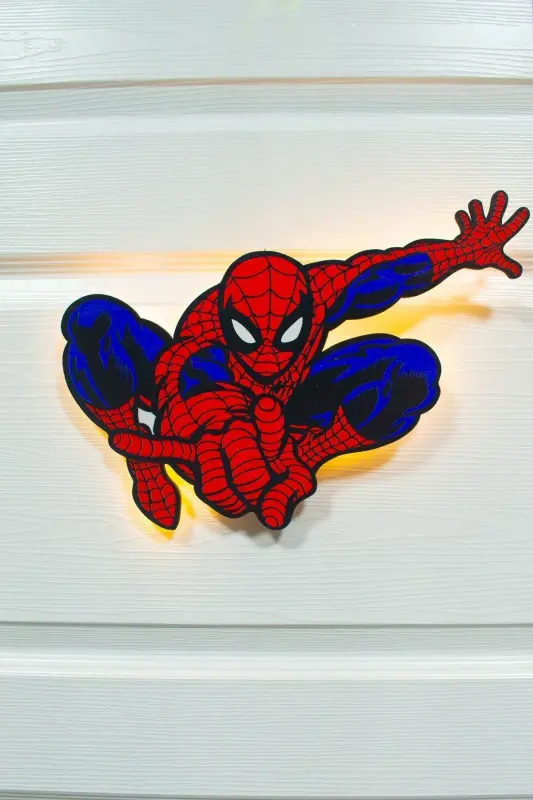 Desenli Led Aydınlatmalı Ahşap Gece Lambası, Çocuk Ve Bebek Odası Dekoru - Spiderman Deseni - 1
