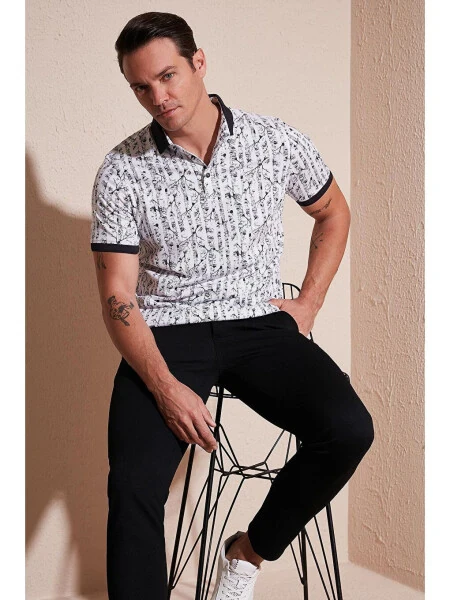 Desenli Pamuklu Slim Fit Polo Tişört 646B3490-Siyah - BURATTI