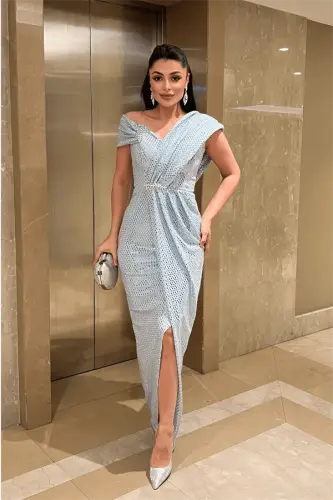 Desenli Payet Kumaş Tasarım Elbise - BEBE MAVİSİ - 1