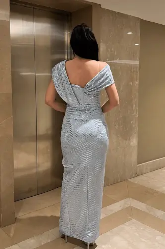 Desenli Payet Kumaş Tasarım Elbise - BEBE MAVİSİ - 5