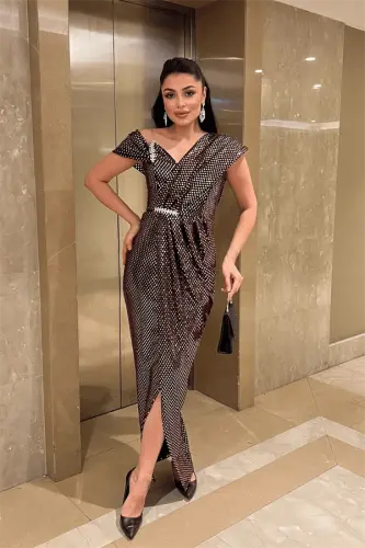 Desenli Payet Kumaş Tasarım Elbise - BRONZ - BÜYÜKBEDENIZ (1)