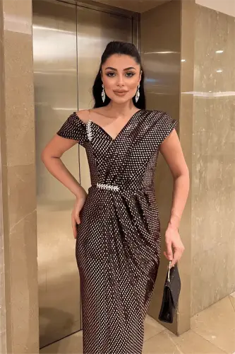 Desenli Payet Kumaş Tasarım Elbise - BRONZ - 3