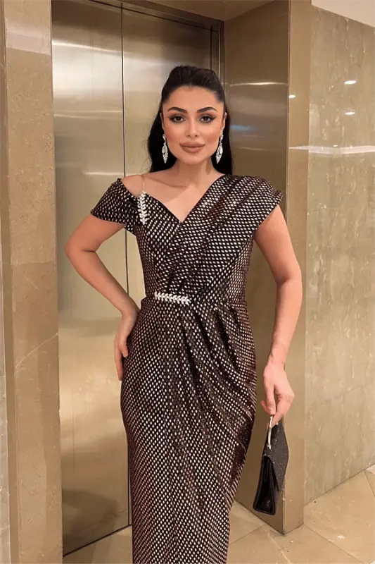 Desenli Payet Kumaş Tasarım Elbise - BRONZ - 3