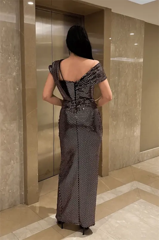 Desenli Payet Kumaş Tasarım Elbise - BRONZ - 5