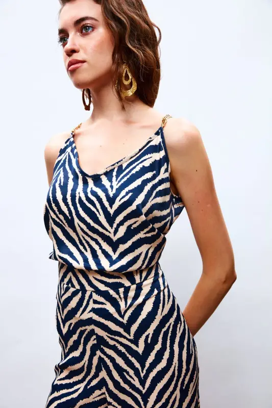 Desenli Saten Bluz - Lacivert - LACİVERT - SATEEN