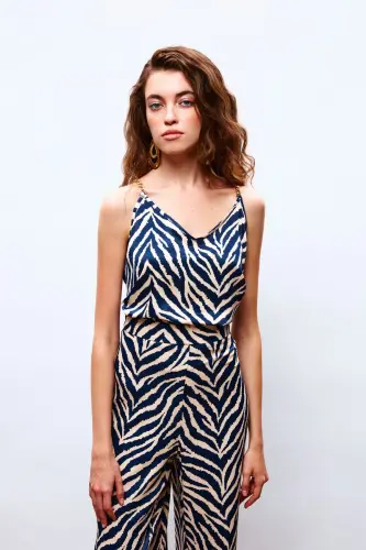 Desenli Saten Bluz - Lacivert - LACİVERT - SATEEN (1)