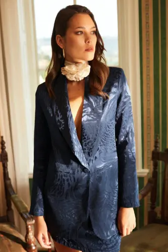 Desenli Saten Ceket - Lacivert-Lacivert - 1