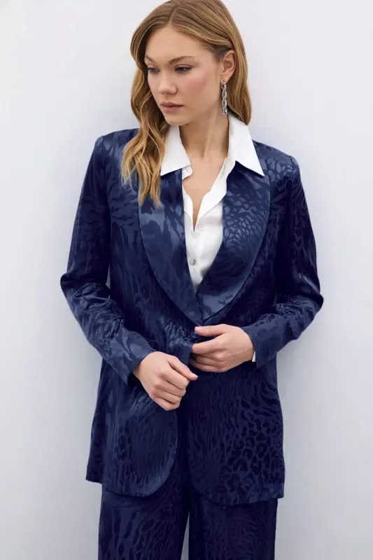 Desenli Saten Ceket - Lacivert-Lacivert - 3