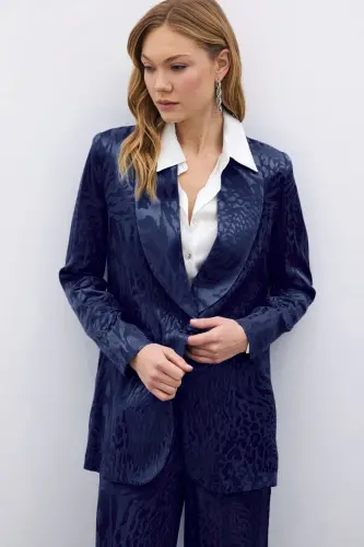 Desenli Saten Ceket - Lacivert-Lacivert - 3