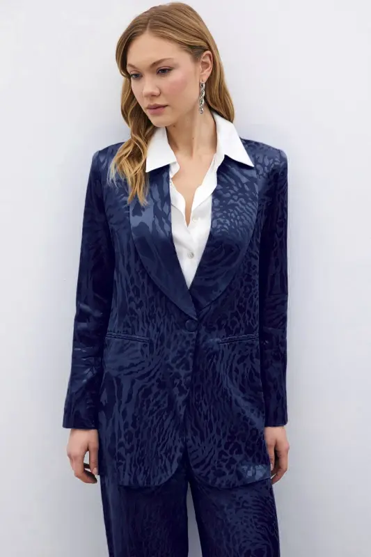Desenli Saten Ceket - Lacivert-Lacivert - 4