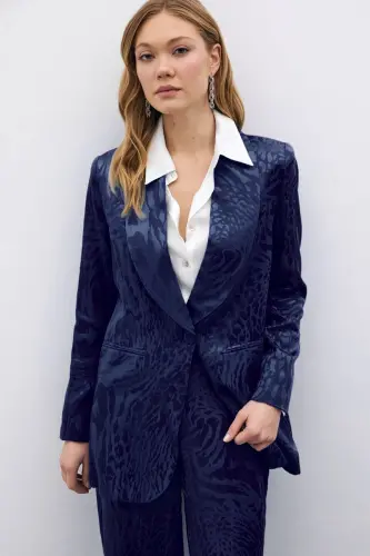 Desenli Saten Ceket - Lacivert-Lacivert - 5