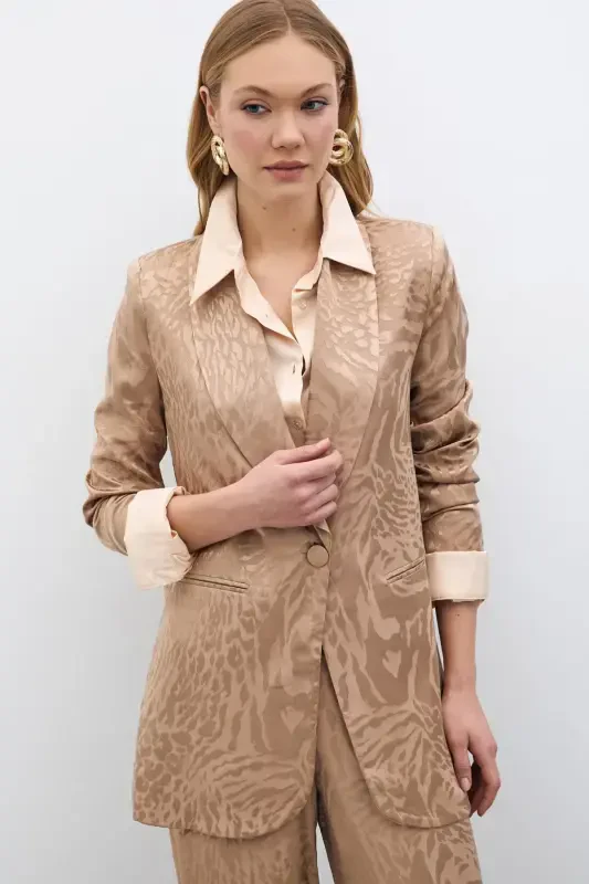 Desenli Saten Ceket - Vizon-VİZON - SATEEN