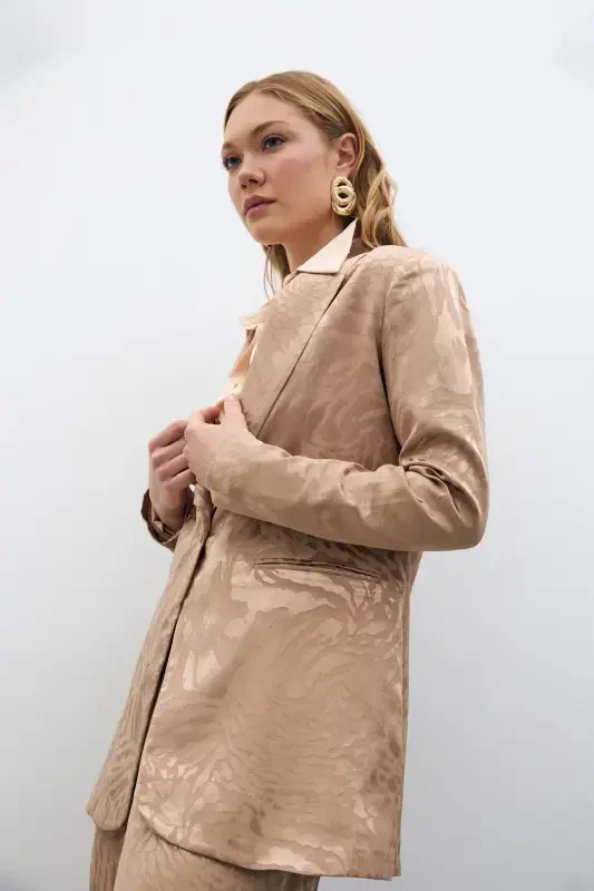 Desenli Saten Ceket - Vizon-VİZON - 5