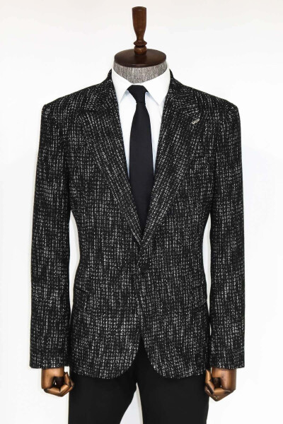 Desenli Slim Fit Spor Siyah Erkek Ceket - Wessi - Siyah - 4