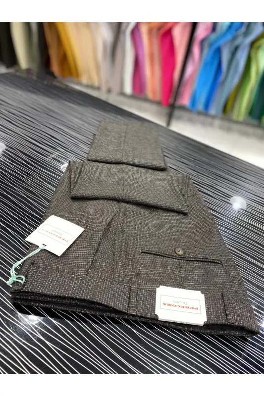Desenli Slimfit Kumaş Pantolon-Kahve - PERECOMA CORCOTTI