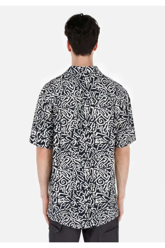 Regular Fit Shirt Neck Baskılı Erkek Lacivert Kısa Kol Gömlek - LACİVERT - 2