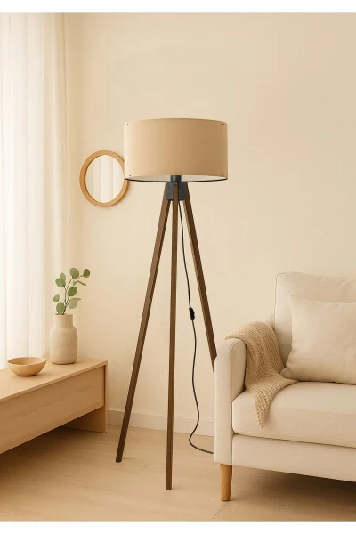 Desert Beige Round Fabric Cylinder Head Wooden Tripod Floor Lamp Ayd-2581 - HOMİNG
