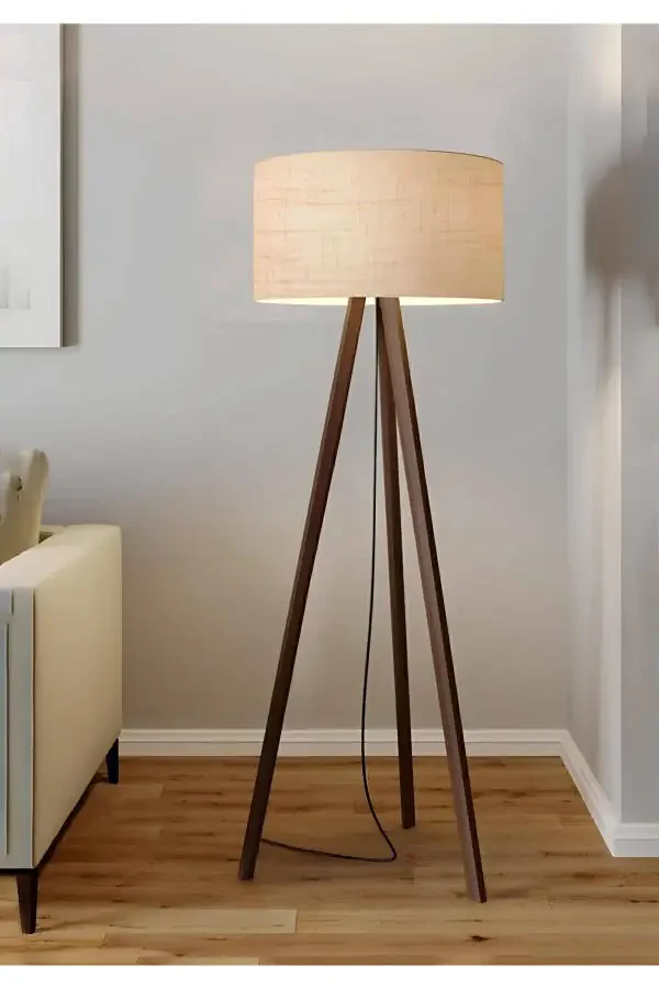 Desert Beige Round Fabric Cylinder Head Wooden Tripod Floor Lamp Ayd-2581 - 2
