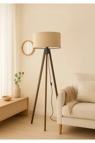 Desert Beige Round Fabric Cylinder Head Wooden Tripod Floor Lamp Ayd-2581 