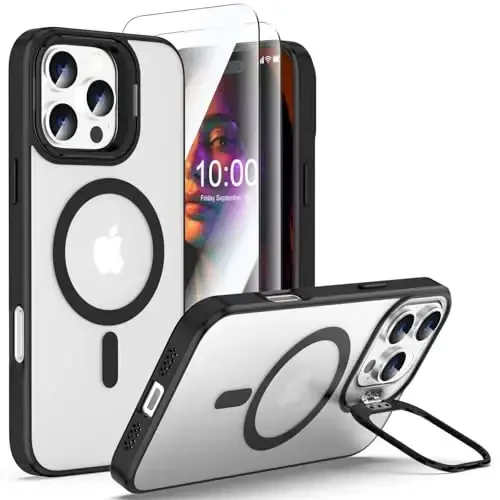 Designed for iPhone 16 Pro Case Magnetic with Kickstand & Sreen Protector,Slim Shockproof Military protecive Buil-in Camera Ring Stand Phone Cover Case for 16 Pro 2024 6.3inch (Black) 