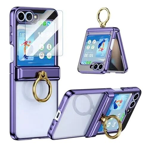 Designed for Samsung Galaxy Z Flip 6/5 Case with Ring Holder Clear Purple | Hinge Protection & Screen Protector,Ultra Slim Crystal Plating Protective Cover for Z Flip 6/5 - SQMCase