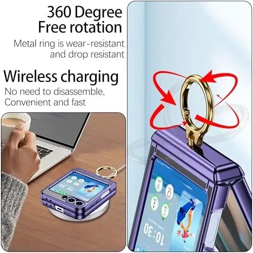 Designed for Samsung Galaxy Z Flip 6/5 Case with Ring Holder Clear Purple | Hinge Protection & Screen Protector,Ultra Slim Crystal Plating Protective Cover for Z Flip 6/5 - SQMCase (1)