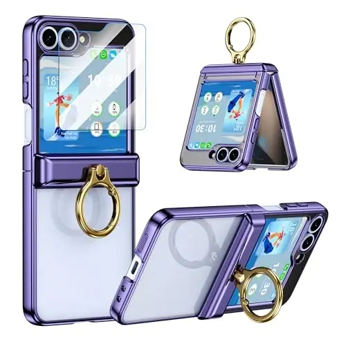 Designed for Samsung Galaxy Z Flip 6/5 Case with Ring Holder Clear Purple | Hinge Protection & Screen Protector,Ultra Slim Crystal Plating Protective Cover for Z Flip 6/5 - 1