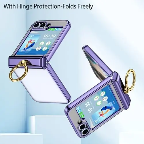 Designed for Samsung Galaxy Z Flip 6/5 Case with Ring Holder Clear Purple | Hinge Protection & Screen Protector,Ultra Slim Crystal Plating Protective Cover for Z Flip 6/5 - 3