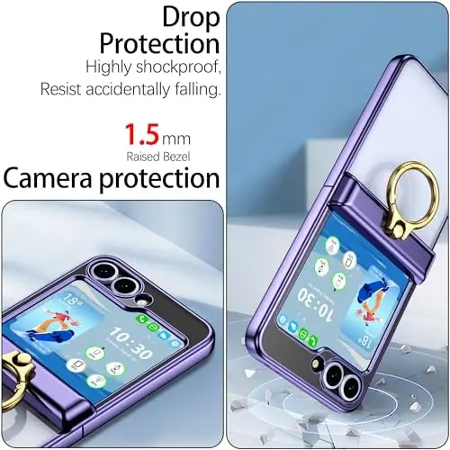 Designed for Samsung Galaxy Z Flip 6/5 Case with Ring Holder Clear Purple | Hinge Protection & Screen Protector,Ultra Slim Crystal Plating Protective Cover for Z Flip 6/5 - 4